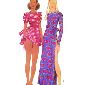 Puede incluir: Ilustración de dos diseños de moda femenina. Una lleva un vestido rosa y blanco a cuadros con mangas con volantes y un lazo. La otra lleva un vestido largo azul con un estampado de peces rojos y rosas. El texto "Paper Ladies Patterns" está en la parte superior.