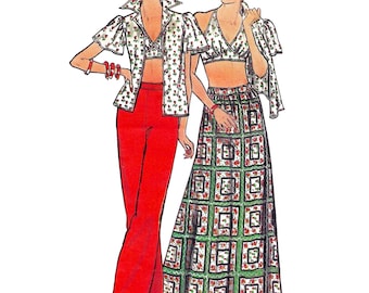 Schnittmuster für Hosen aus den 1970er Jahren (PDF) • Brustumfang 81 cm • Taillenumfang 63,5 cm • BH-Top, Bluse, Rock • 1974
