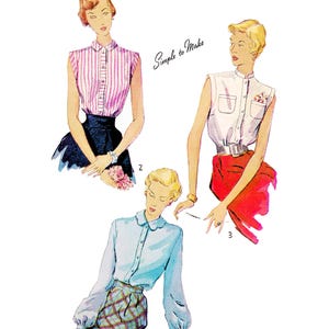May include: A sewing pattern titled Paper Ladies Patterns S-3092 Bust 30 inches. The illustration features three blouse designs: a sleeveless pink striped shirt, a sleeveless white button-down shirt, and a long-sleeved light blue shirt with a plaid skirt.