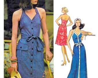 Schnittmuster für ein Neckholderkleid aus den 1970er Jahren (PDF) • Brustumfang 86 cm • Maxikleid, Midikleid, vorne geknöpft, gerafft • 1974