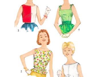 1960s Schnittmuster PDF • Büste 34" • Damen Bluse, Crop Top, quadratischer Ausschnitt • 1961