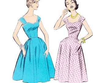 1950s Dress Sewing Pattern PDF • Bust 34" • Party Dress, Sweetheart Neckline, Midi • 1958