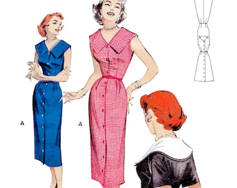 1950s Dress Sewing Pattern PDF • Bust 32" • Shirtdress, Wiggle Dress, Midi, Big Collar • 1954