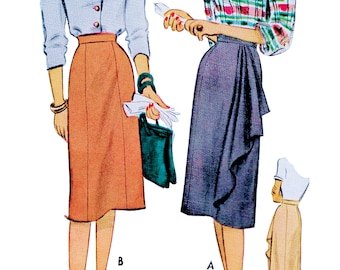 1940s Skirt Sewing Pattern PDF • Waist 28" • Pencil Skirt, Draped Flounce, Six Gore, Midi • 1946