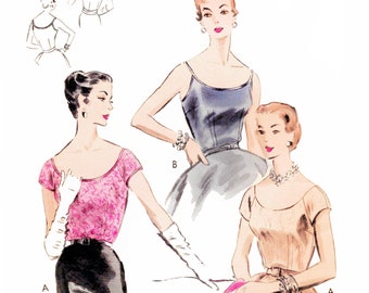 Bust 30"/76cm • 1954 Blouse Sewing Pattern PDF Download