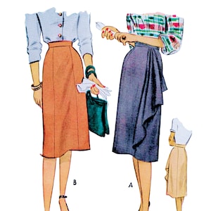 May include: Vintage sewing pattern for a skirt with a 28 inch waist. The pattern includes three different skirt styles, one with a ruffle, one with a straight hem, and one with a gathered hem. The pattern is illustrated with three women wearing the different skirt styles.