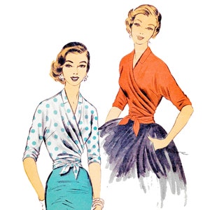Vintage Sewing Pattern PDF 1950s 50s 1956 • Blouse Sewing Pattern Bow Tie Front Wrap Around Knit Top Pattern • Bust 32-34&quot;/81-86cm