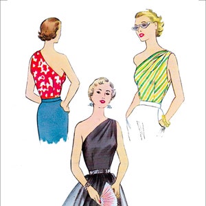 Modello di cucito vintage PDF anni &#39;50 &#39;50 1951 • Canotta monospalla Camicetta asimmetrica Top civettuolo Top corto romantico • Busto 32&quot;/81 cm
