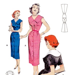 Modello di cucito vintage PDF anni &#39;50 &#39;50 1954 • Abito a tubino con gonna a tubino, lunghezza midi, manica corta • Abito con scollo a V e bottoni sul davanti • Busto 32&quot;/81 cm