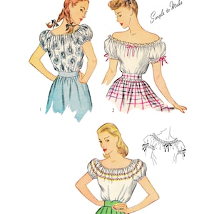 Pode incluir: Um padrão de costura vintage para uma blusa feminina com decote quadrado e mangas bufantes. O padrão é para um busto de 86 cm e inclui instruções para fazer a blusa. O padrão é intitulado "Simples de fazer" e "Paper Ladies Patterns S-1599."