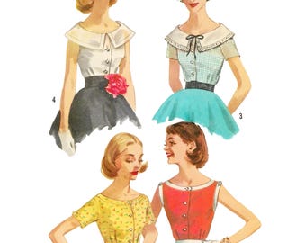 1950s Blouse Sewing Pattern PDF • Bust 34" • Women's Shirt, Bishop Collar, Boat Neck • 1957