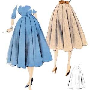 Puede incluir: Un patrón de costura vintage para una falda con una cintura de 66 cm. El patrón muestra una falda azul, una falda beige y un contorno blanco de la falda. El patrón está etiquetado como "Paper Ladies Patterns V-7506. Cintura 26"/66cm"