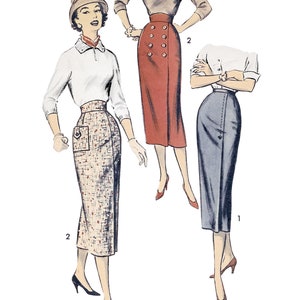 以下が含まれることがあります： ハイウエストスカートのヴィンテージソーイングパターン。パターンには、格子柄スカート、赤スカート、青スカートの3種類のスカートスタイルが含まれています。パターンはウエスト66cm用です。