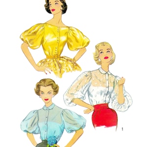 Può includere: Illustrazione di modelli di cucito vintage su carta. L'immagine presenta tre donne con camicette con maniche a sbuffo. Il testo recita "Paper Ladies Patterns" e "S-2272 • Busto 81cm".