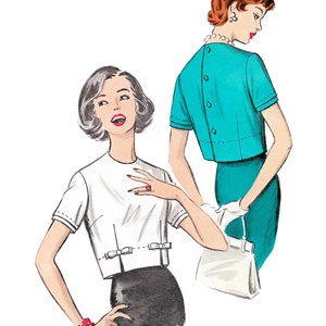 1950s Sewing Pattern PDF Vintage 50s Sewing Pattern • Crew Neck Blouse Cropped Short Sleeve Back Button Boxy Blouse • Bust 32&quot;/81cm • 1959