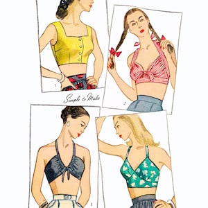 May include: Four vintage sewing patterns for halter tops. The patterns are illustrated with drawings of women wearing the tops. The patterns are for bust sizes 34-36 inches.