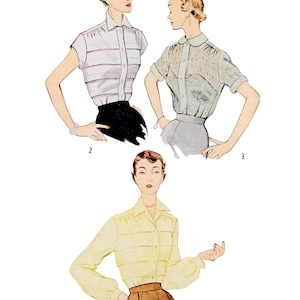 1950s Sewing Pattern PDF Vintage 50s Sewing Pattern • Collar Blouse Bishop Sleeve Cap Long Sleeve Pleat Top Shirt • Bust 30&quot;/76cm • 1950