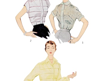 1950s Shirt Sewing Pattern PDF • Bust 30" • Pleated Blouse, Bishop Sleeve, Cap Sleeve • 1950