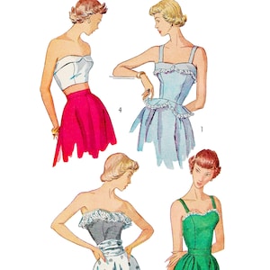 May include: Vintage paper sewing pattern featuring four illustrated dress designs. The designs include a strapless top and skirt, a dress with spaghetti straps, and two other dresses. The bust size is 32 inches.