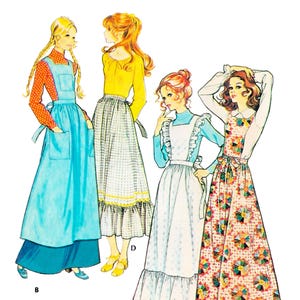 Może przedstawiać: Wzorzec szycia vintage do sukienki z nakładką w postaci fartucha. Wzorzec zawiera trzy różne style: sukienkę z niebieskim fartuchem, sukienkę z białym fartuchem z falbanką i sukienkę z kolorowym fartuchem w stylu patchwork. Wzorzec jest przeznaczony dla talii o obwodzie 58-61 cm (23-24 cale).