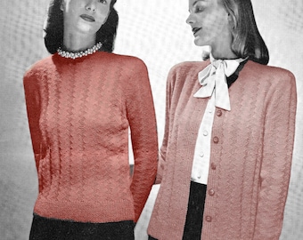 1950s Sweater Knitting Pattern PDF • Bust 32" • Women's Vintage Pullover + Cardigan • Fingering • 1953