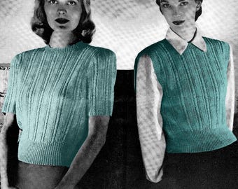 1950s Sweater Knitting Pattern PDF • Bust 32" • Women's Vintage Knit Vest + Pullover • Fingering • 1953