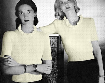 1950s Sweater Knitting Pattern PDF • Bust 32" • Women's Vintage Ruffle Pullover • Fingering • 1953