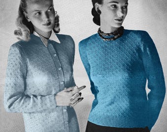 1950s Sweater Knitting Pattern PDF • Bust 32" • Women's Vintage Pullover + Cardigan • Fingering • 1953