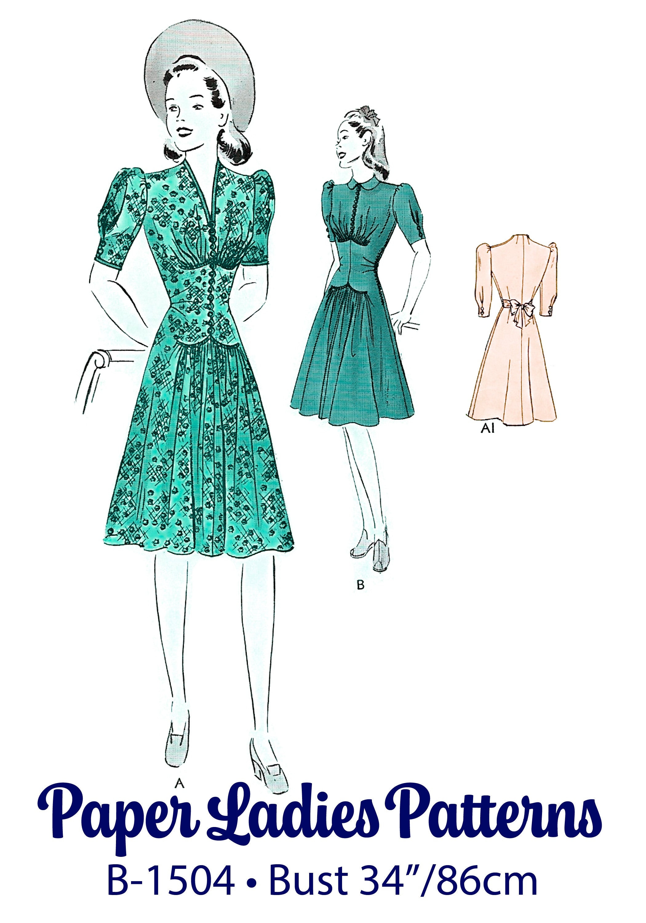 1940s Dress Sewing Pattern PDF • bust 34