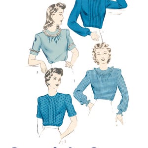 Vintage Sewing Pattern PDF 1940s 1943 • 40s Blouse Pattern Gathered Neckline Pleated Front Long Bishop Sleeve Short Sleeve • Bust 30&quot;/76cm