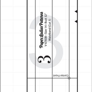 May include: A black and white sewing pattern for a waistband, labelled "Paper Ladies Patterns V-6783B Size 14 Bust 32" Waistband (Cut 1)".