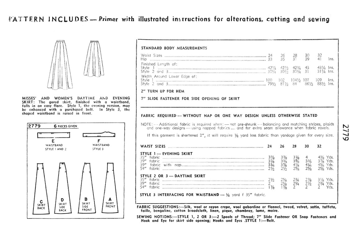 PDF - Vintage 1940s Pattern – Flared Skirt in Two Lengths -  Waist 26” (66.1cm) - Download