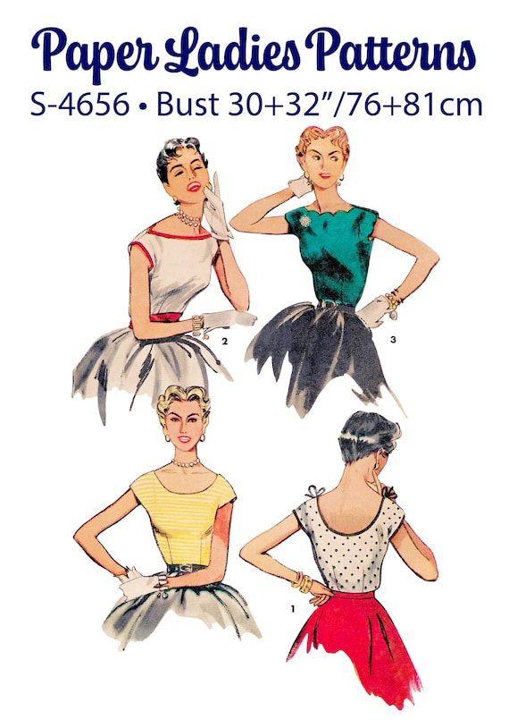 1950s Boat Neck Blouse Sewing Pattern PDF • Bust 30" + 32" • Cap Sleeve, Bateau • 1954