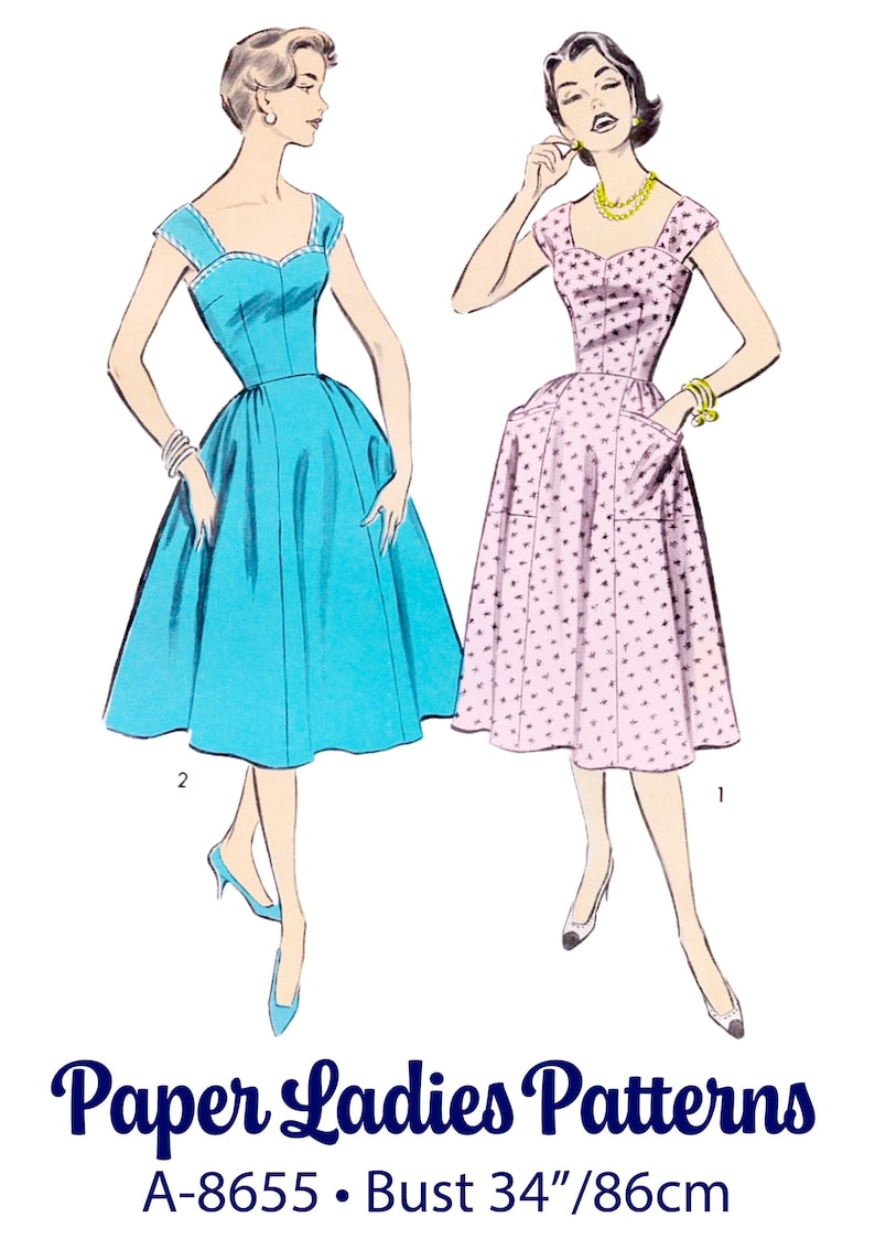 1950s Dress Sewing Pattern PDF • Bust 34" • party Dress, Sweetheart ...