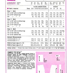 May include: A sewing pattern for a skirt in two lengths, with instructions for young juniors/teens and misses. The pattern includes a tissue lesson-chart on how to apply a waistband with back closing. The skirt has a back zipper, waistband, and optional purchased belt. The pattern also includes suggested fabric types, such as cottons and blends, pique, denim, linen, synthetics and blends, and lightweight wools.