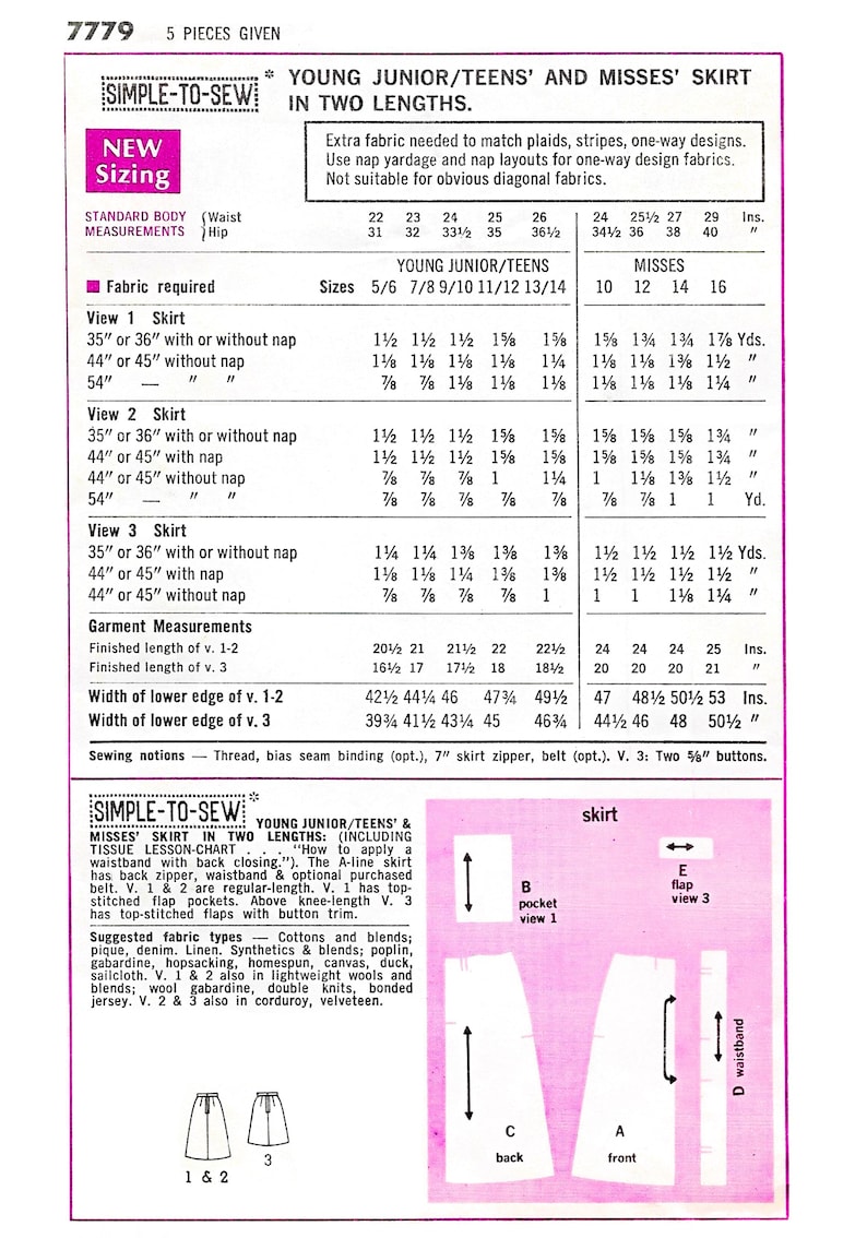 May include: A sewing pattern for a skirt in two lengths, with instructions for young juniors/teens and misses. The pattern includes a tissue lesson-chart on how to apply a waistband with back closing. The skirt has a back zipper, waistband, and optional purchased belt. The pattern also includes suggested fabric types, such as cottons and blends, pique, denim, linen, synthetics and blends, and lightweight wools.