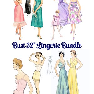 May include: A collection of vintage-style illustrations featuring various lingerie and nightwear designs, including slips, gowns, and camisoles in pink, green, purple, floral, yellow, and blue. The text "Bust 32" Lingerie Bundle" is centered in blue.