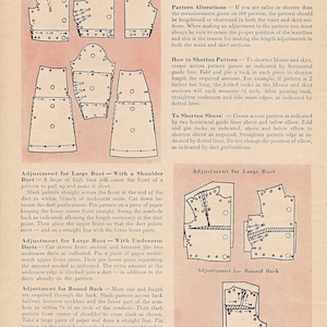 Op de afbeelding: Illustratie uit een vintage naaipatroongids. De pagina bevat diagrammen en instructies voor het wijzigen van patronen, waaronder verkorten, borstaanpassingen en aanpassingen voor een ronde rug. De tekst is zwart.