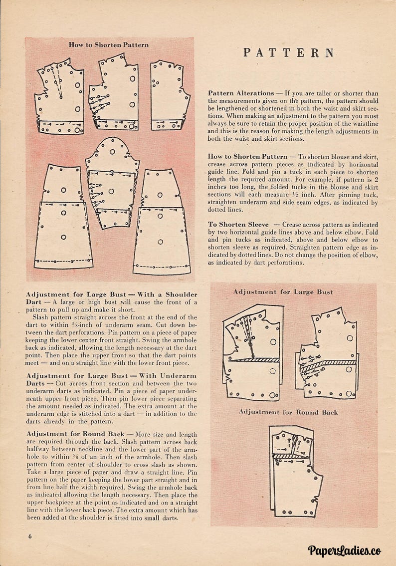 Op de afbeelding: Illustratie uit een vintage naaipatroongids. De pagina bevat diagrammen en instructies voor het wijzigen van patronen, waaronder verkorten, borstaanpassingen en aanpassingen voor een ronde rug. De tekst is zwart.