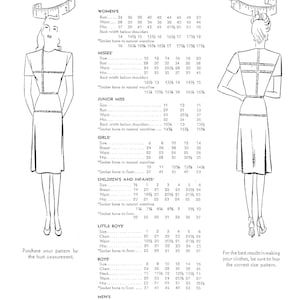 Op de afbeelding: Vintage patroontabel met lichaamsmaten voor dames, meisjes, kinderen en heren. Borst-, taille- en heupomvang in cm, met illustraties van kledingmodellen.