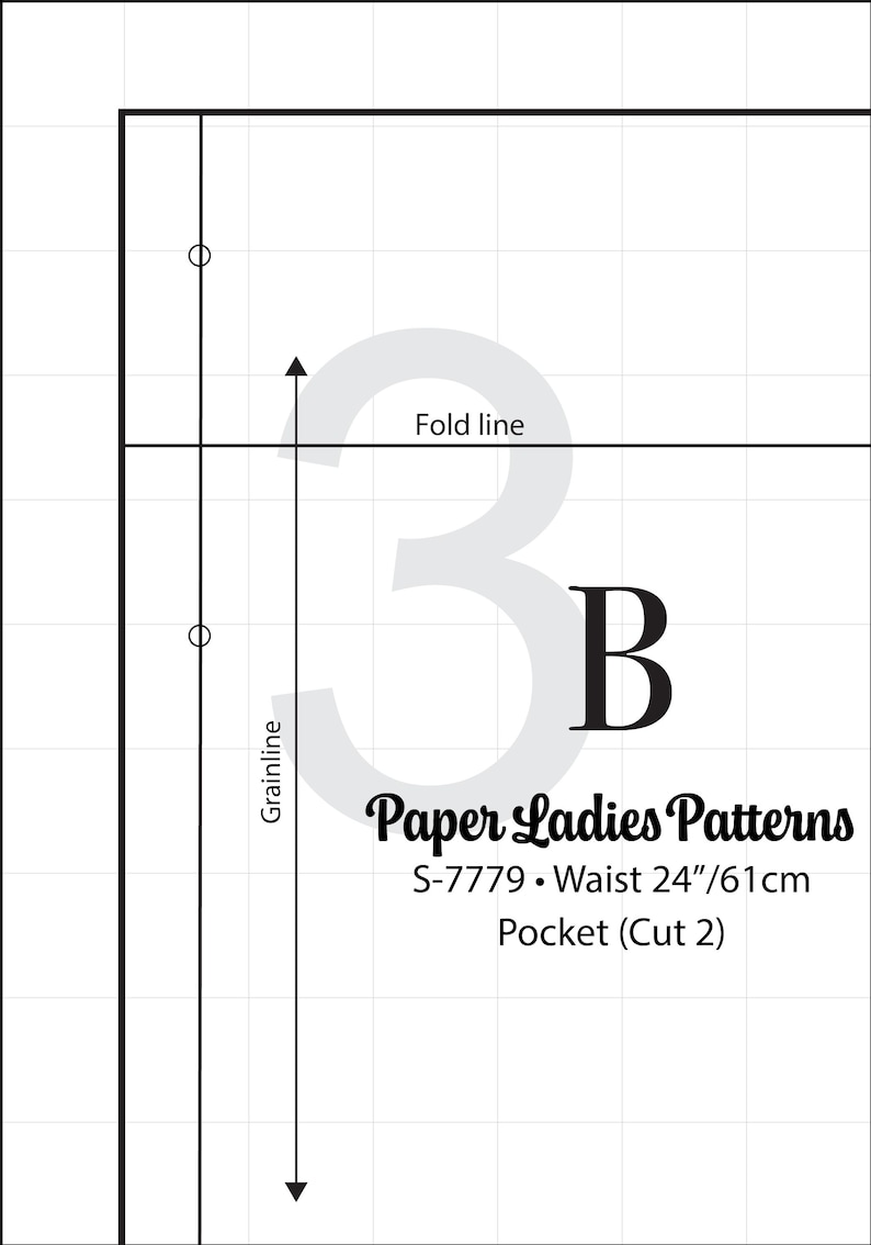 May include: A black and white sewing pattern for a pocket. The pattern is labeled "Paper Ladies Patterns" with the style number "S-7779" and a waist size of 24 inches or 61 centimeters. The pattern is labeled "Pocket (Cut 2)".