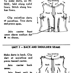 Op de afbeelding: Een zwart-wit naaidiagram getiteld BLOUSE VIEW 1. Het bevat twee eenheden: UNIT 1 - FRONT en UNIT 2 - BACK AND SHOULDER SEAMS. De diagrammen illustreren stappen voor het maken van kleding, waaronder stiksel, coupenaden en naden.