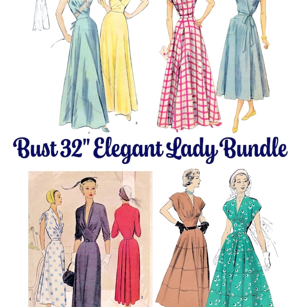 1940s Sewing Pattern PDF Bundle • Bust 32" • Dress, Robe, Slip, Midi, Maxi • 1949