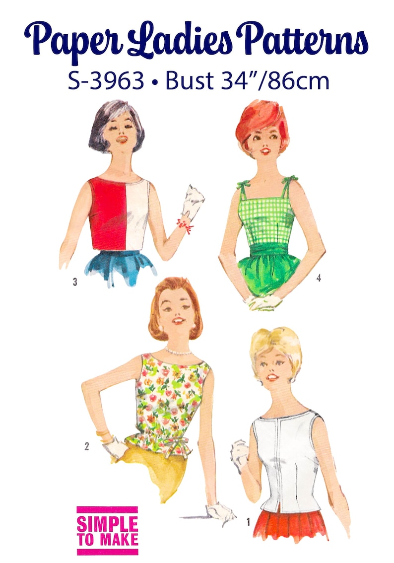 Op de afbeelding: Een naaipatroon-envelop getiteld Paper Ladies Patterns S-3963 met een borstomvang van 86cm. De illustratie toont vier verschillende mouwloze tops in rood en wit, groen gingham, bloemenprint en wit met een rode rok.