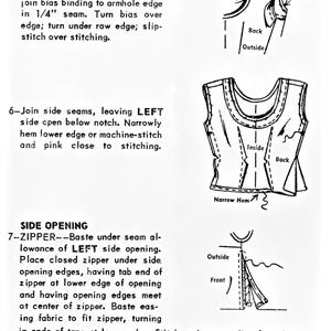 May include: A black and white instructional sewing diagram showing steps 5, 6, and 7 for garment construction. It includes technical illustrations of armhole bias binding, side seam joining, and zipper installation with detailed text instructions.
