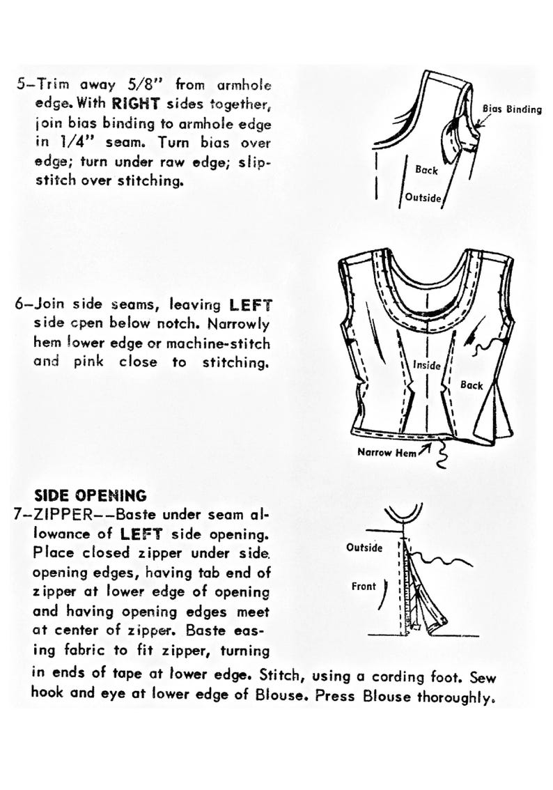 May include: A black and white instructional sewing diagram showing steps 5, 6, and 7 for garment construction. It includes technical illustrations of armhole bias binding, side seam joining, and zipper installation with detailed text instructions.