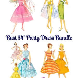 以下が含まれることがあります： Bust 34" Party Dress Bundleとラベル付けされたヴィンテージスタイルのドレスイラストのコレクション。画像には、ピンク、黄色、緑、青、オレンジのさまざまなドレスデザインが表示されており、それぞれ異なるネックライン、スカートの長さ、パターンが特徴です。