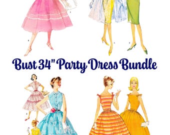 1950s Dress Sewing Pattern PDF Bundle • Bust 34" • Party Dress, Fit and Flare, Shirtdress