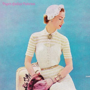 1950s Dress Knitting Pattern PDF • Vintage 50s Knit Dress Pattern Striped Shirt Dress Stripe Knit Skirt Midi Skirt Knitting Pattern 1952
