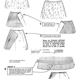 May include: A black and white illustration showing how to sew a skirt. The illustration shows the steps for sewing the skirt seams, darts, and zipper. The text in the image reads: "Skirt Seams", "Lining or Stiffening is Optional", "Baste lining or stiffening to wrong side of back and front 2 and handle each as a single layer of fabric", "Make darts on back and front", "Stitch skirt at right side", "Seams are illustrated unfinished to show notches. Always clip seams at curves or indentations before you press, so seams will lie flat. Always clip as little as possible", "Pink seams or overcast", "Press seams and darts, as illustrated", "Version A", "Braid is optional. Pin 1/2" braid to skirt so lower edge of braid touches stitching-lines. Baste and stitch both edges", "All versions", "Stitch skirt at left side below V", "Insert zipper in left side opening following directions with zipper".